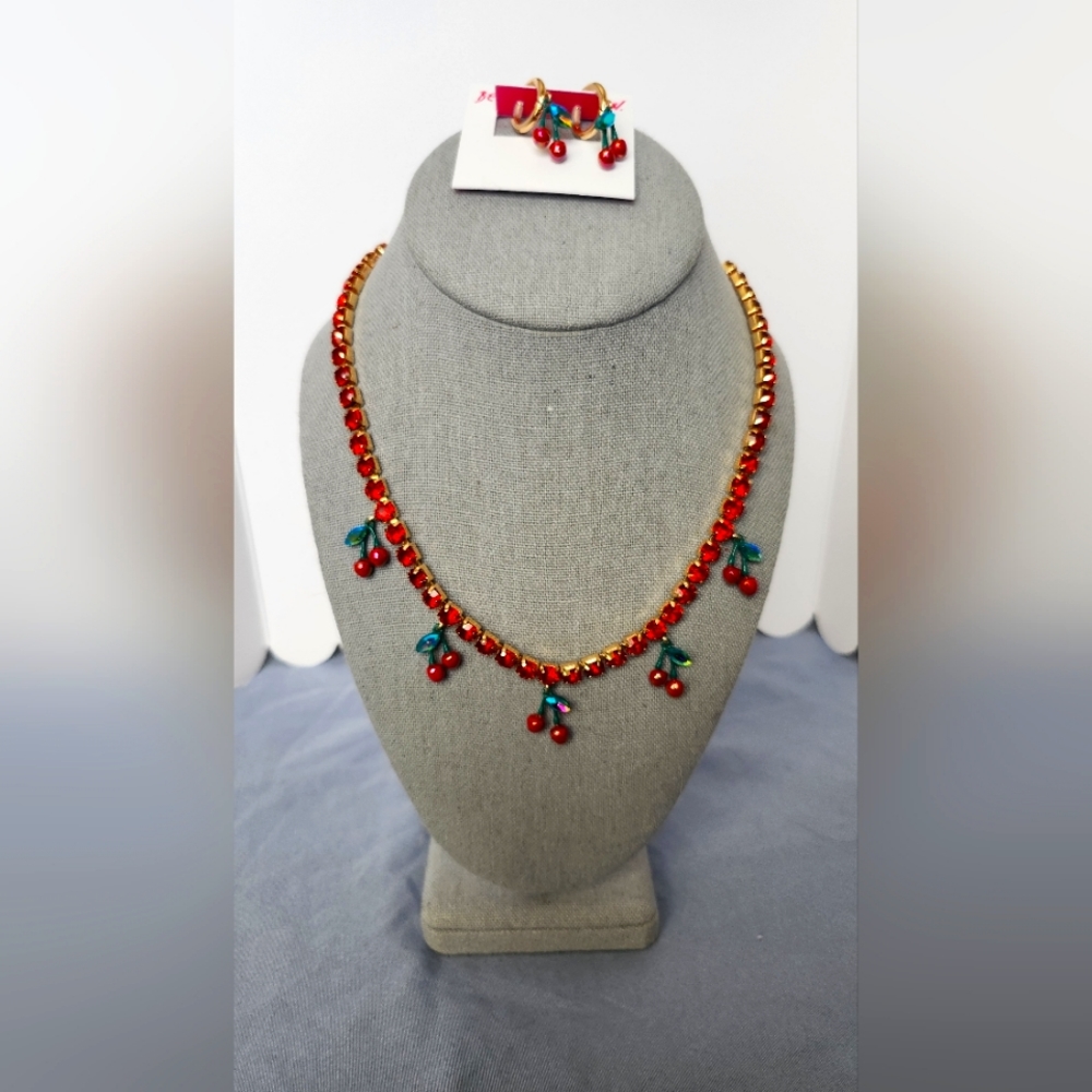 NWT Authentic Betsy Johnson Cherry and Jeweled Necklace with Matc…